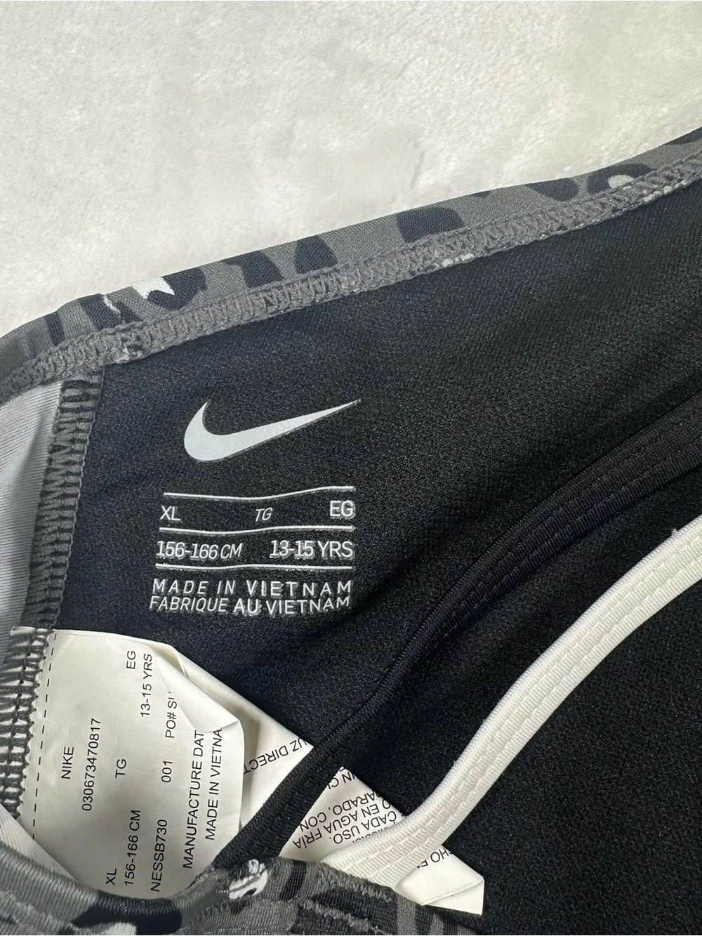Nike Black & Gray Leopard Print Kids Swim Bikini Crop Top with White Swoosh